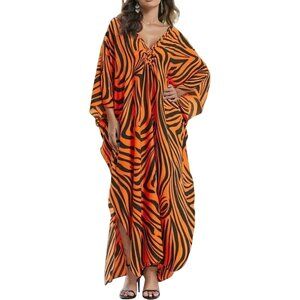 Women Black Orange Zebra V-neck Batwing Sleeve Flowy Split Bohemian Kaftan Dress